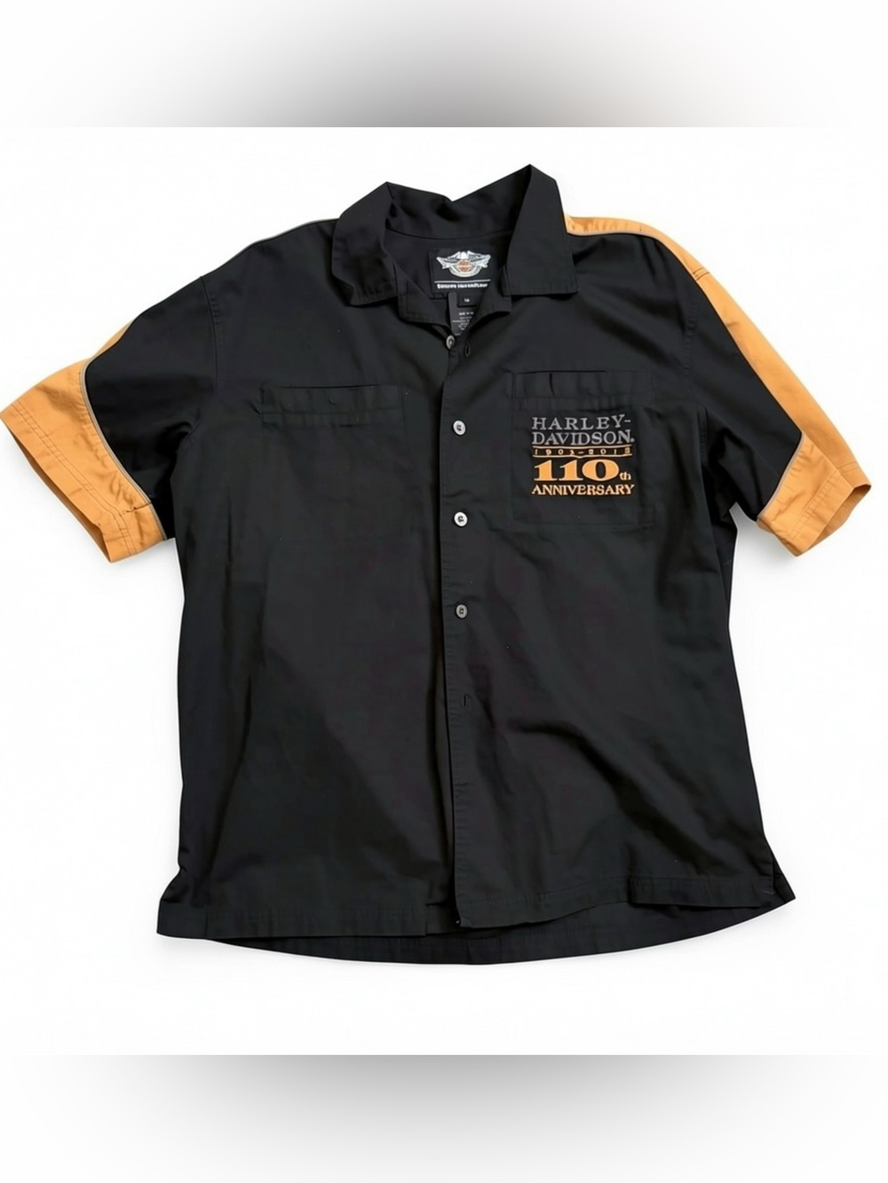 Harley Davidson 110th Anniversary Black Orange Button Up Mechanic Shirt XL